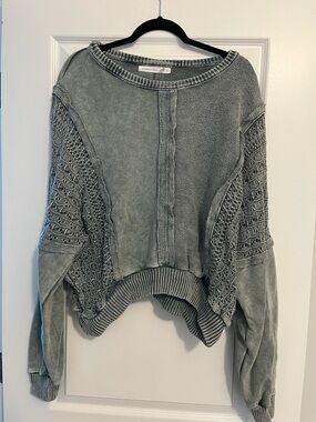 Altar'd State Washed Sage Crochet-Sleeve Crew Sweater